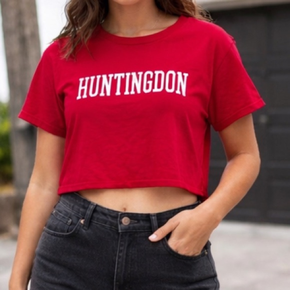 Champion Huntingdon Red Cropped T Shirt Graphic Tee Women Size S